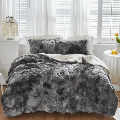 Luxury Faux Fur Shaggy Fluffy Comforter Set King Size Mixed Black and White Long Hair, 3 Pieces Plush Flannel Sherpa Backing Reversible Soft Microfiber Bedding Set Super Warm for Winter