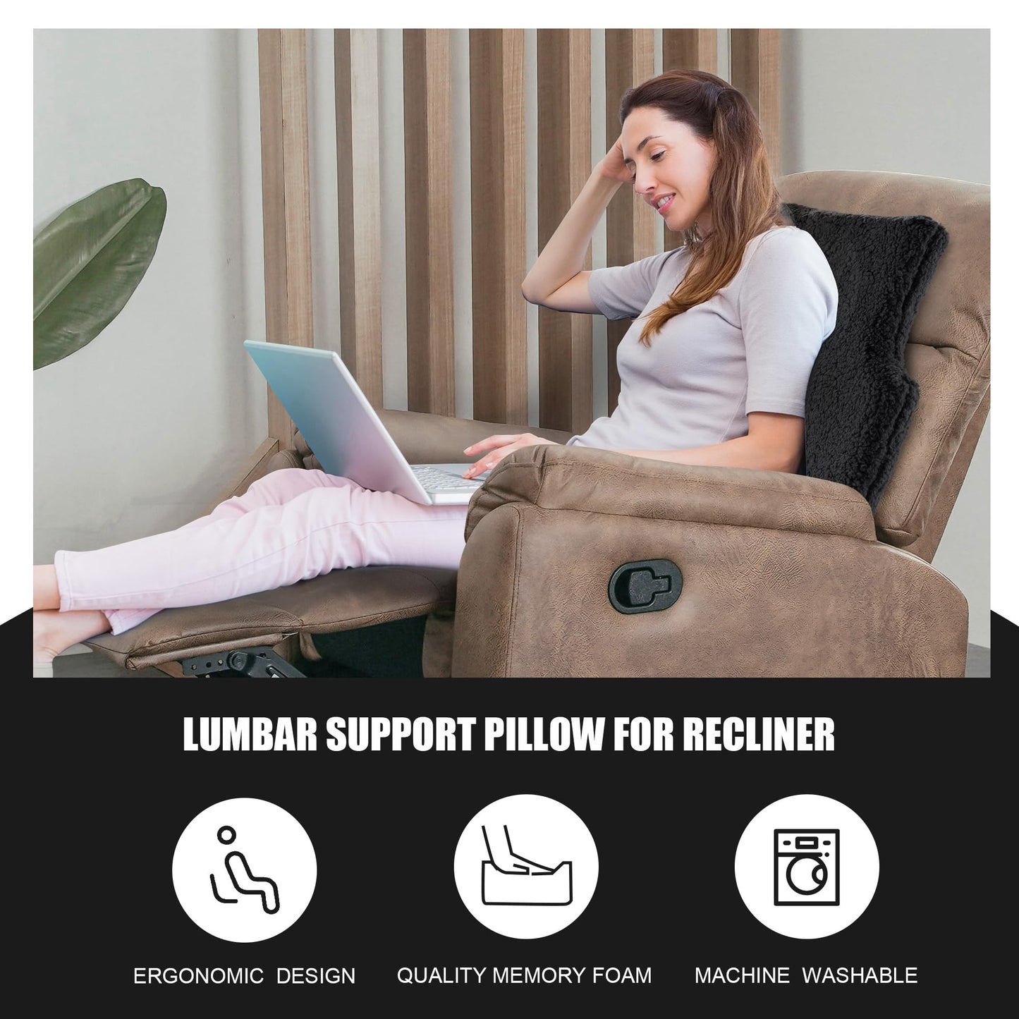 MABOZOO Sherpa Fleece Lumbar Support Pillow for Recliner Chair,Memory Foam Lumbar Pillow for Back Pain Relief,Ergonomic Back Support Pillow for Car, Couch, Recliner（Black）