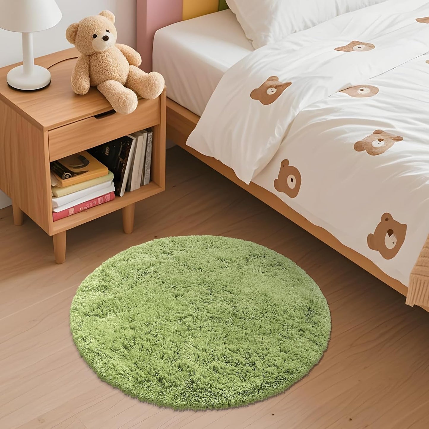 OLANLY Round Grass Green Rug - Soft, Fluffy Shaggy Carpet for Bedroom | 2 ft Machine Washable Area Rug