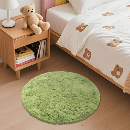OLANLY Round Grass Green Rug - Soft, Fluffy Shaggy Carpet for Bedroom | 2 ft Machine Washable Area Rug