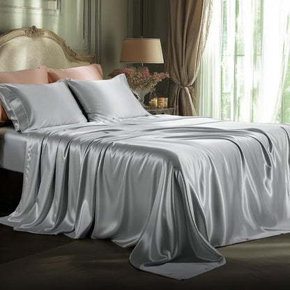 Bedsure Satin Sheets - 4-Piece Queen Size Silky Bedding Set with Deep Pocket & Elastic Straps | Silver Grey