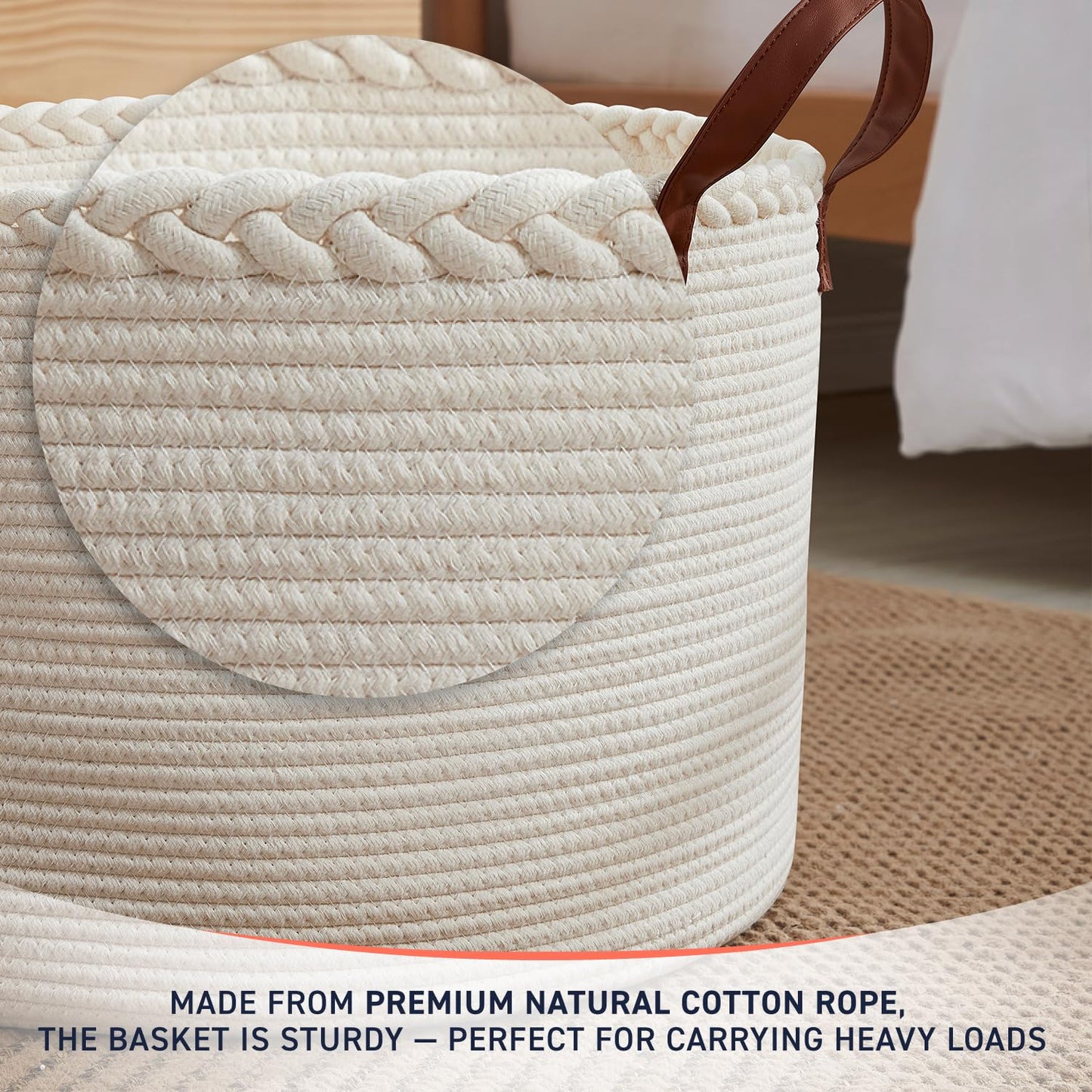 Organizix XLarge Round Cotton Rope Storage Basket Bin Organizer Laundry Hamper with Leather Handles, 21 x 21 x 14, Extra Large Blanket Woven Basket for Nursery - Cream