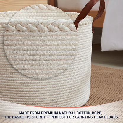 Organizix XLarge Round Cotton Rope Storage Basket Bin Organizer Laundry Hamper with Leather Handles, 21 x 21 x 14, Extra Large Blanket Woven Basket for Nursery - Cream