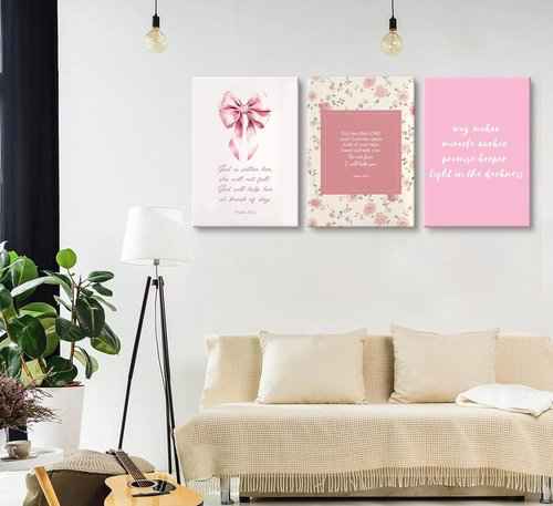Christian Bible Verse Canvas Wall Art - 3-Piece Pink Preppy Decor for Girls' Bedroom