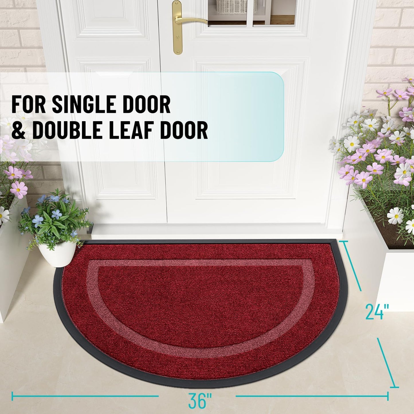 OLANLY Half Circle Door Mat - Waterproof All-Season Doormat for Indoor/Outdoor Use | 36x24, Wine Red