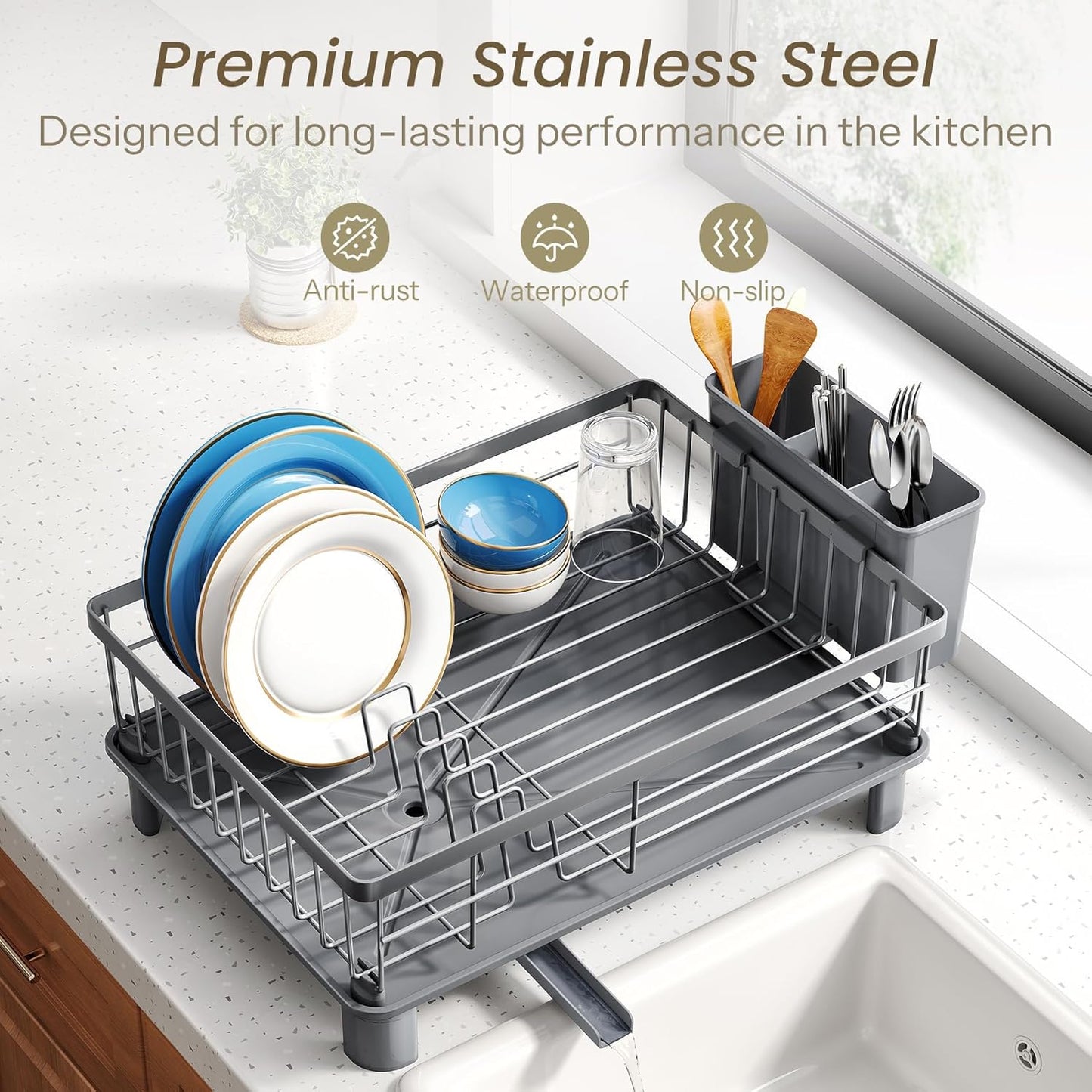 SNTD Dish Drying Rack - Stainless Steel Kitchen Counter Rack with Utensil Holder | 11" W x 15" L (Grey)