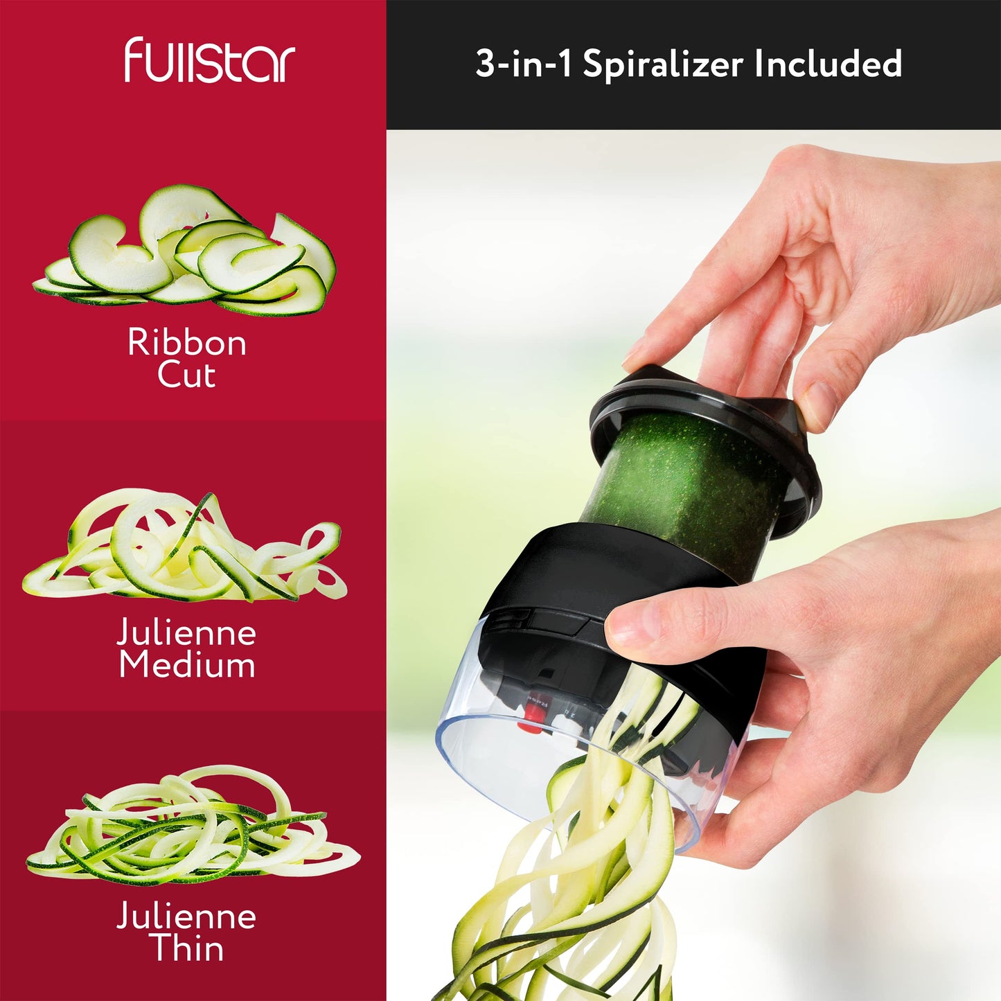 Fullstar All-in-1 Vegetable Chopper, Mandoline Slicer & Cheese Grater - French Fry Cutter & Veggie Dicer - Includes Bonus Handheld Spiralizer - Cook's Tool & Gadget Sets (6 in 1, Black)