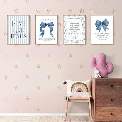 LARTSFRO Coquette Navy Blue Bow Wall Art - Inspirational Christian Decor for Teen Girls | 12x16 Inch Set of 4 Unframed Posters