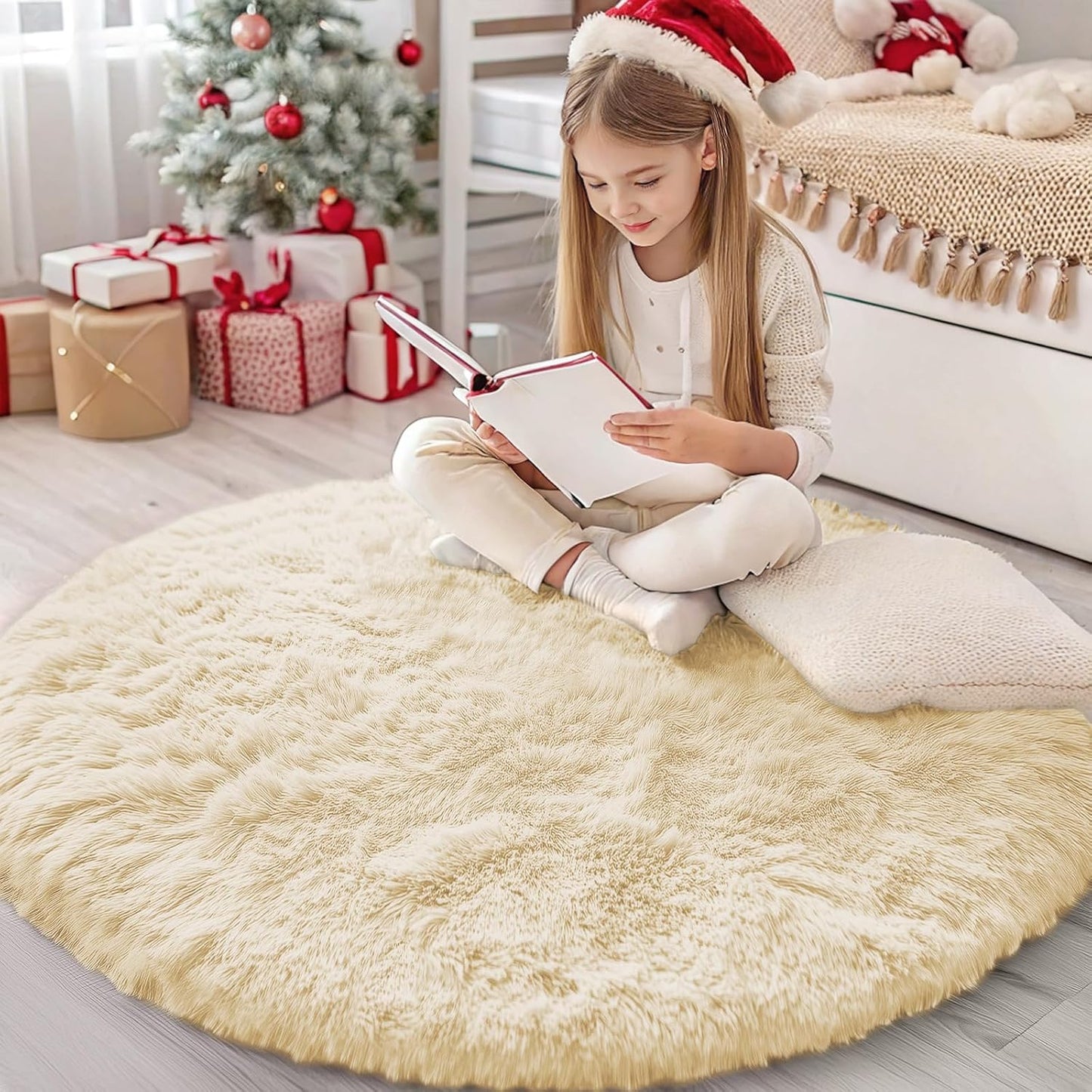 OLANLY Cream Round Area Rug - Soft, Fluffy, Machine Washable 4 ft Circle Carpet for Bedroom & Nursery Decor