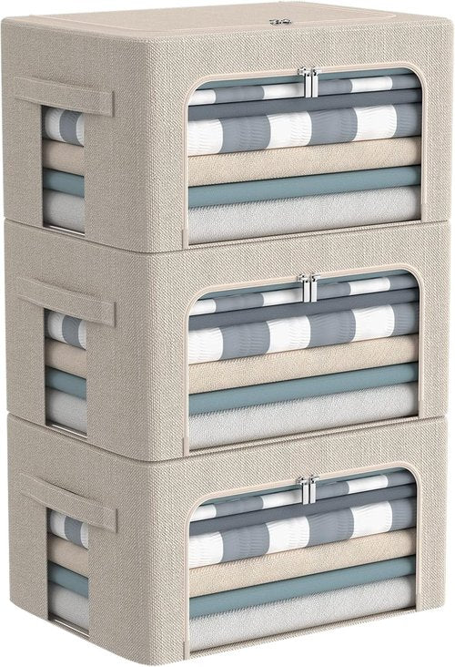 CYhom Foldable Storage Bins - Large Capacity Linen Fabric Organizer with Clear Window & Handles | 3-Pack (Small - 22L, Beige)