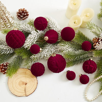 Velvet Christmas Ball Ornaments - 46-Piece Flocked Shatterproof Tree Decoration Set | Burgundy, 3 Sizes
