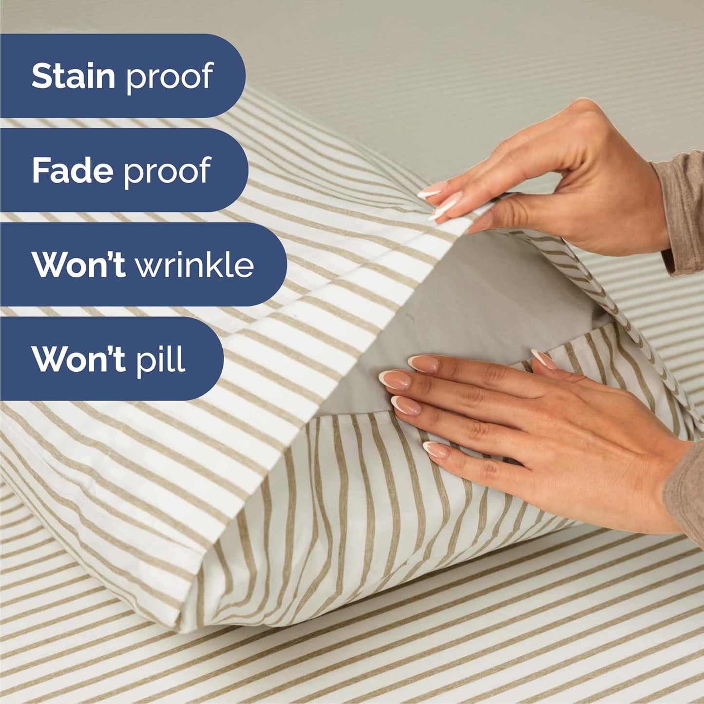 Skiennix Queen Size 4-Piece Sheet Set - Comfy, Breathable & Cooling Hotel Luxury Bedding - Deep Pockets, Wrinkle-Free, Oeko-Tex Certified - Beige Stripes