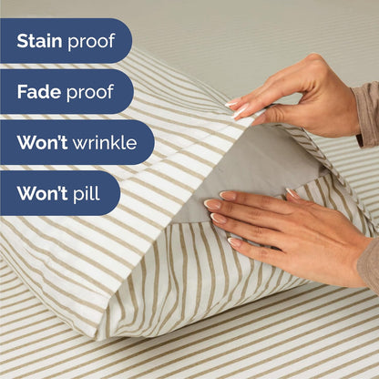 Skiennix Queen Size 4-Piece Sheet Set - Comfy, Breathable & Cooling Hotel Luxury Bedding - Deep Pockets, Wrinkle-Free, Oeko-Tex Certified - Beige Stripes
