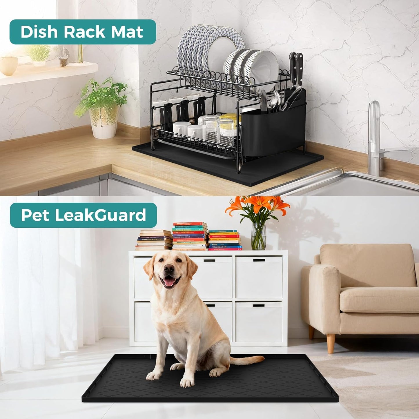 URMONA Waterproof Silicone Mat - 34" x 22" Under Sink Mat for Kitchen & Bathroom | Pet Food Pad in Light Grey
