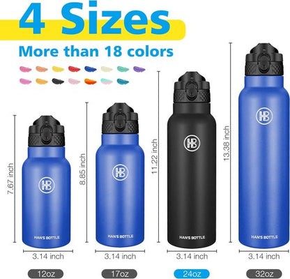 Han's Bottle Sports Water Bottle - 24 Oz Vacuum Insulated, Leak Proof Straw Lid - Black Stainless Steel
