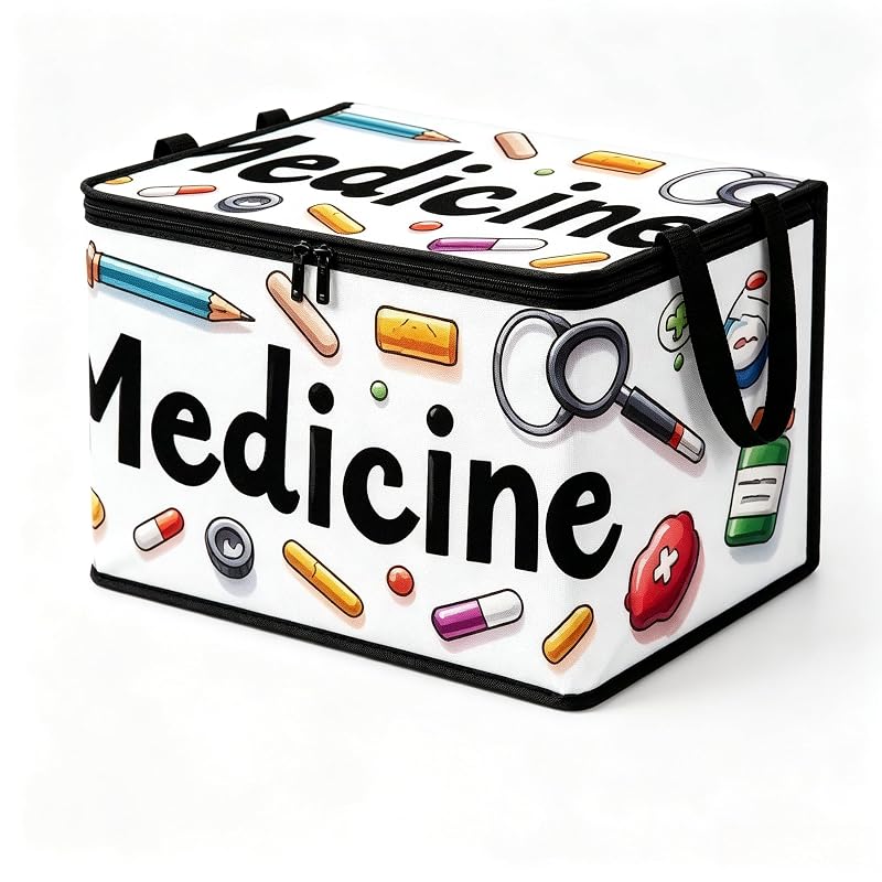 Medicine Print Storage Bin with Lid and Handles, 25x35cm - White, for Pills & Small First Aid Supplies