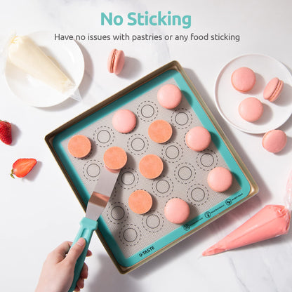 446ºF Heat Resistant Macaron Mat: U-Taste 11x11 Inch Non Stick Silicone Baking Mat, Reusable Cookies Pastry Sheet Liner with Edge Enhancement & Circle Measurement for Square Cake Pan (2 PCS, Aqua Sky)