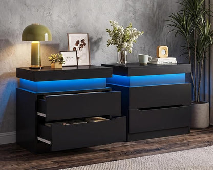 Nightstand Set of 2 with 2 Drawers and App-Controlled RGB LED Light – Black