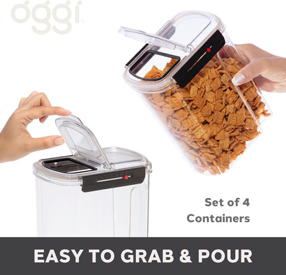 Oggi Easi Grip Moisture Proof Storage Containers, Set of 4, Ultra Clear BPA-Free Sealable Canisters, Pouring Lids, Date Reminder, Ideal Pantry Storage (23, 57, 60, 128 oz / 0.68, 1.7, 1.8, 3.8 lt)
