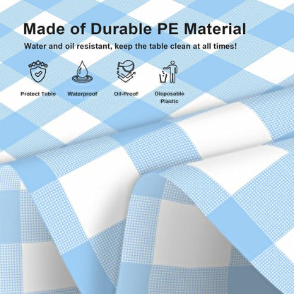 Regine Switzerland Blue Checkered Tablecloth - 2 Pack Waterproof Disposable 54 x 108 Inch for Parties & Picnics