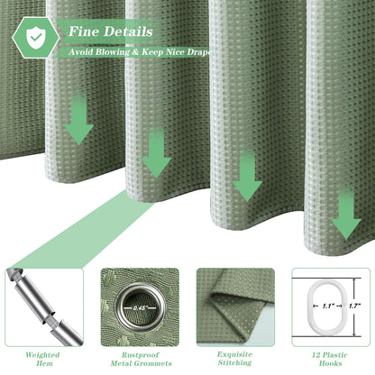 meioro Sage Green Shower Curtain, Waffle Weave 256GSM Heavy Duty Textured Fabric Shower Curtains for Bathroom Hotel Spa, Luxury Weighted Polyester Cloth Bath Curtain Set with 12 Hooks, 72Wx72H