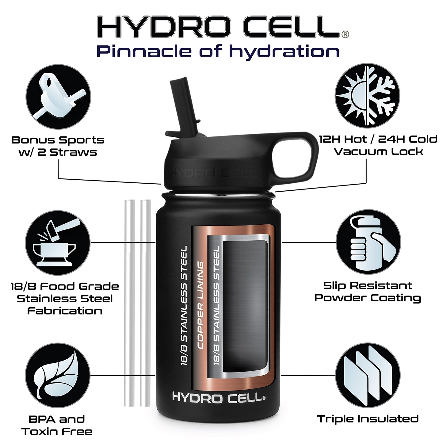 HYDRO CELL Stainless Steel Insulated Water Bottle with Straw - For Cold & Hot Drinks - Metal Vacuum Flask with Screw Cap and Modern Leakproof Sport Thermos for Kids & Adults (Black 14oz)