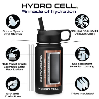 HYDRO CELL Stainless Steel Insulated Water Bottle with Straw - For Cold & Hot Drinks - Metal Vacuum Flask with Screw Cap and Modern Leakproof Sport Thermos for Kids & Adults (Black 14oz)