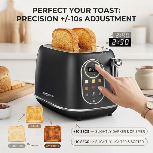 Keenstone Smart Touch Screen Toaster - 2 Slice Retro Stainless Steel with 6 Browning Levels | Black