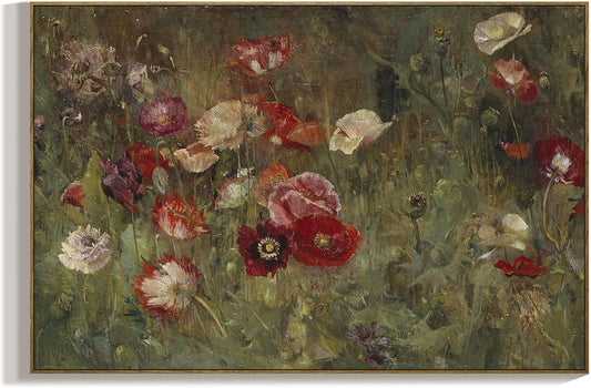 RaphelArt Framed Canvas Wall Art - Vintage Flower Poppies | Dark Moody Floral Decor 24''x36''