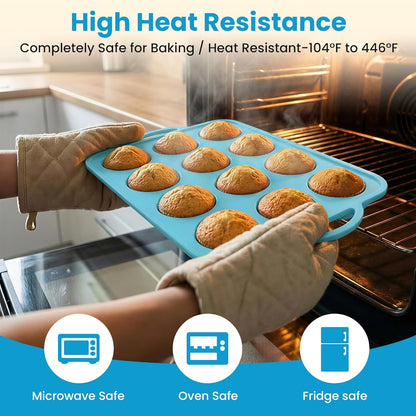 Skiennix Silicone Muffin Pan - 12-Cup BPA-Free Baking Tray with Metal Reinforced Frame | Blue