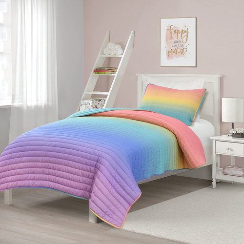 Lush Decor Rainbow Ombre Quilt 3 Piece Set Twin/Twin XL Rainbow & Turquoise - Dorm Bedding Set Twin XL Quilt - Kids Bedroom Decor