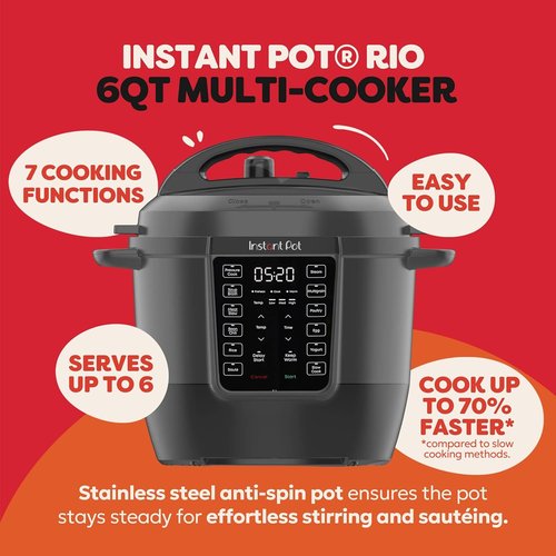 Instant Pot 6QT RIO - 7-in-1 Multi-Cooker with Pressure Cooking, Slow Cooking & More - Black, 6 Quarts