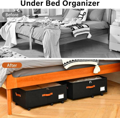 Freebat Under Bed Storage Organizer - Clear Lid Container with Wheels | 2-Pack for Clothes & Bedding