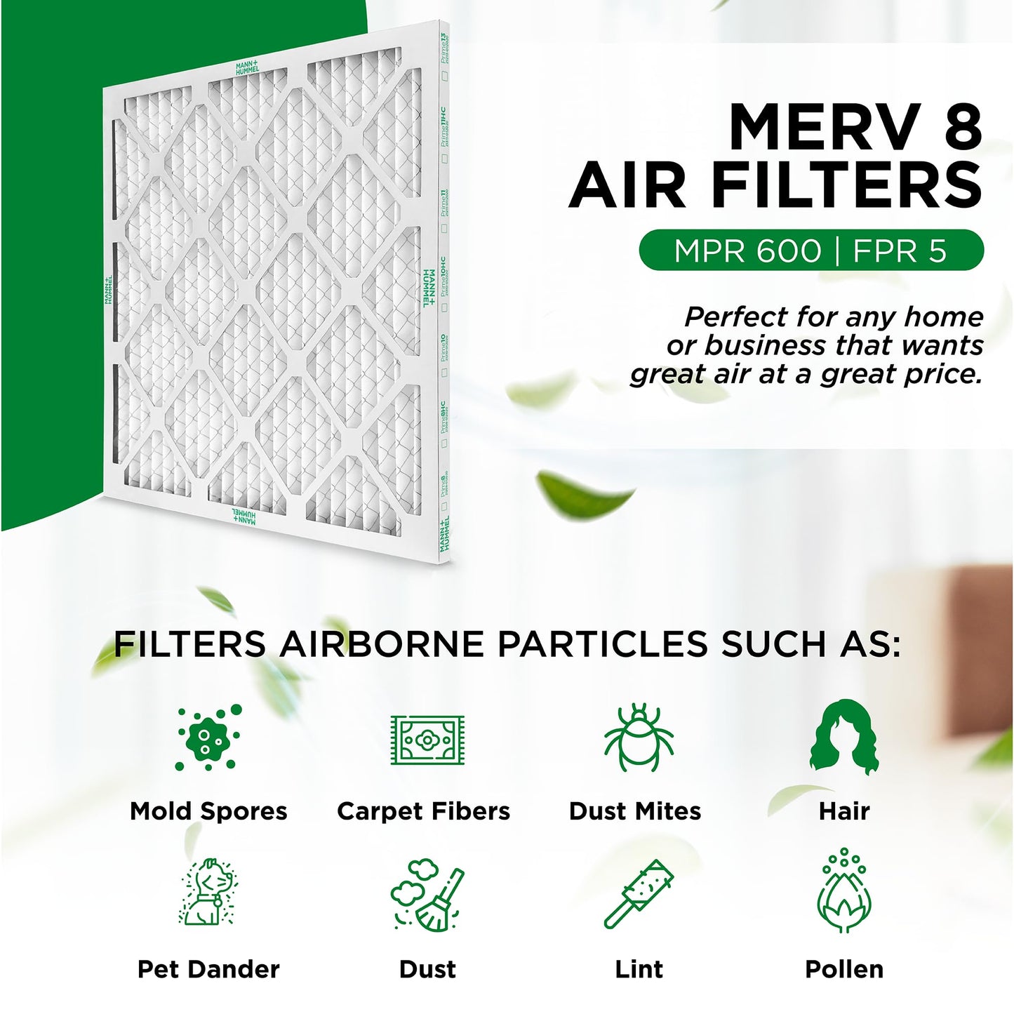 Mann+Hummel 16x20x1 MERV 8 Pleated HVAC AC Furnace Air Filters. Case of 12. (Exact Size: 15.5 x 19.5 x 0.75 Inches)