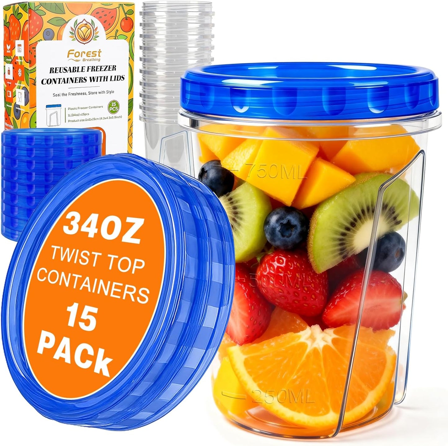 Skiennix 34oz Reusable Freezer Storage Containers - Airtight Twist Top Lids | 15 Pack Clear Plastic Meal Prep Solutions