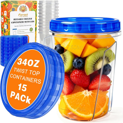 Skiennix 34oz Reusable Freezer Storage Containers - Airtight Twist Top Lids | 15 Pack Clear Plastic Meal Prep Solutions