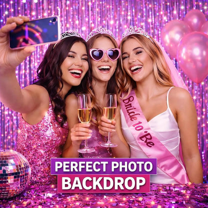 Melsan Easter Decorations - 3 Pack Pinkish Purple Tinsel Fringe Curtain Backdrop | 3.2 x 8.2 ft Sparkling Metallic Party Decor