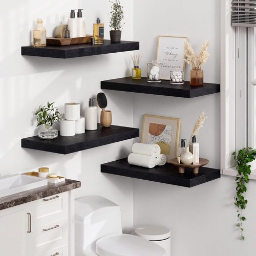 Heimlove 12" Deep Black Floating Shelves - Set of 2 Wall-Mounted Storage for Living Room, Bathroom & Office