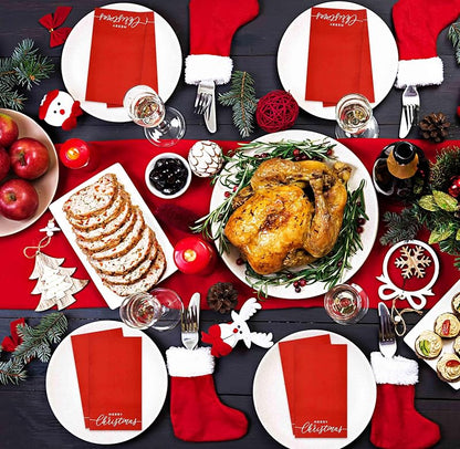 Merry Christmas Guest Napkins Disposable Paper (100) 7.5 x 4.25 in – Red Holly Design