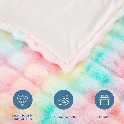 DREAMNINE Soft Faux Bubble Rabbit Fur Throw Blanket - Cozy Colorful Fuzzy Blanket for Couch | 50x60 Inches, Rainbow