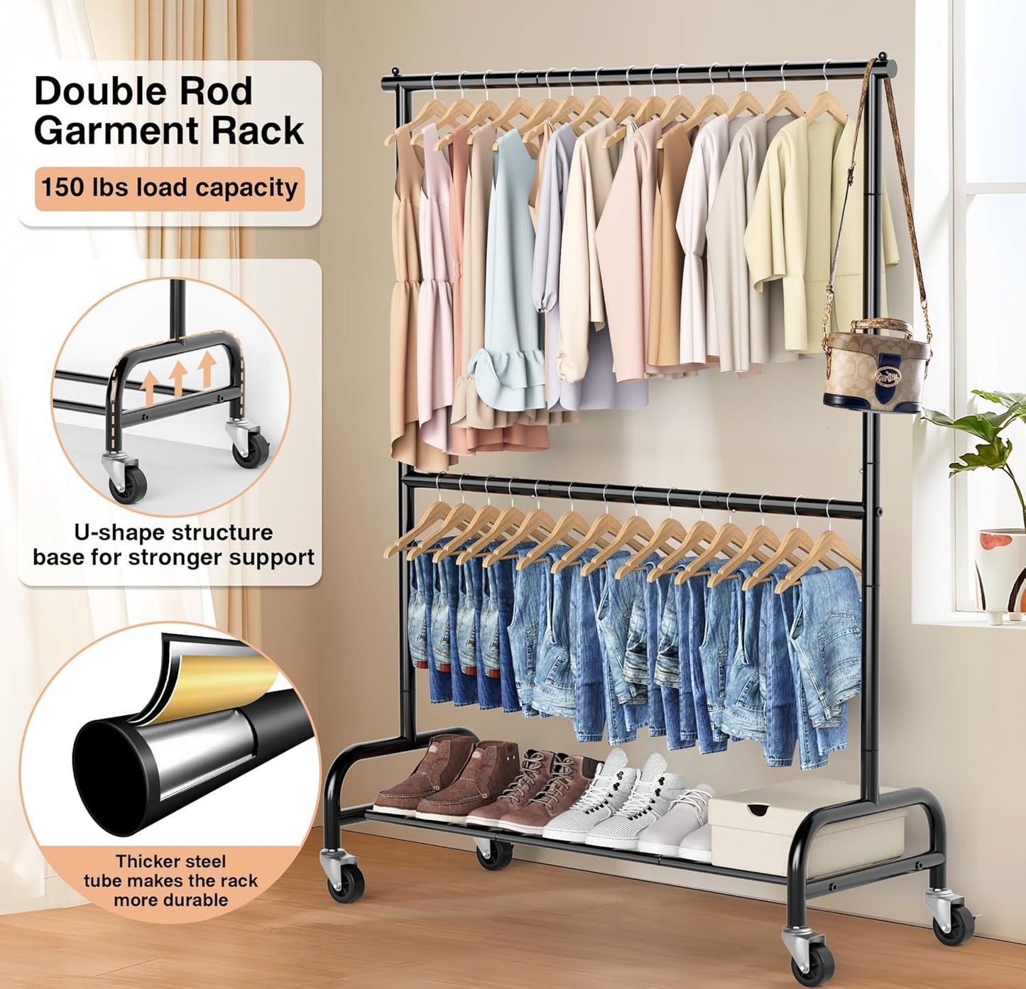 MISSLO Heavy Duty Clothing Rack - Adjustable Double Rod Garment Rack on Wheels | Metal, Black