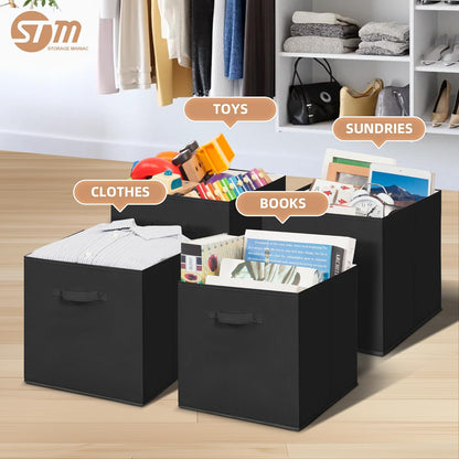 Storage Maniac Storage Cubes - 13-Inch Collapsible Bins with Handles | 4-Pack Durable Black Fabric Bins for Organization