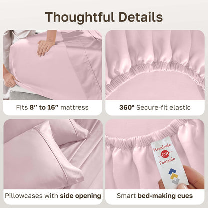 California Design Den King Size Cotton Sheet Set - 100% Soft Cotton, 400 Thread Count, Silky Smooth Sateen - Pink