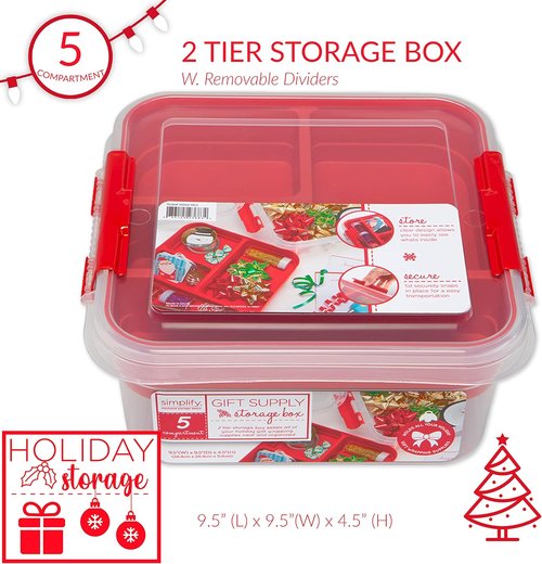 Gift Supply Storage Box by Simplify - 5 Compartment Design with Clear Top Lid | 2-Tier Red Box | 9.5” x 9.5” x 4.5”