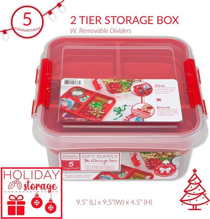 Gift Supply Storage Box by Simplify - 5 Compartment Design with Clear Top Lid | 2-Tier Red Box | 9.5” x 9.5” x 4.5”