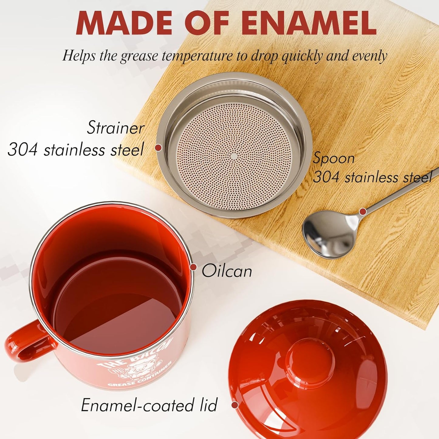 PGYARD Mini Bacon Grease Saver - 15oz Enamel Container with Strainer | Farmhouse Kitchen Fat Keeper - Red