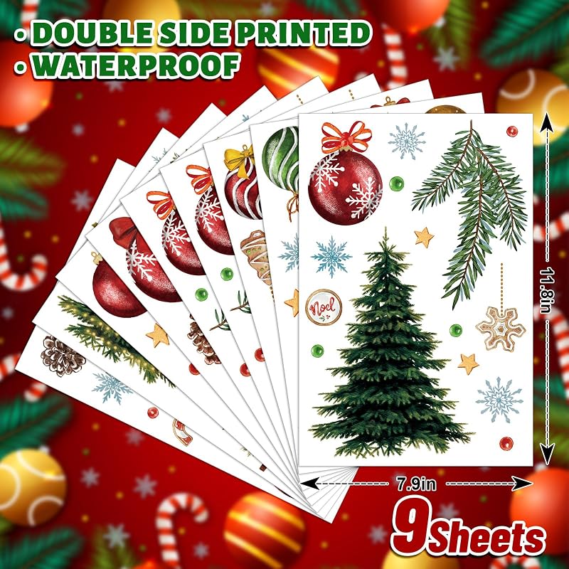 Vintage Christmas Window Cling 9 Sheets - Reusable Snow Tree Forest Decals for Home Office Classroom