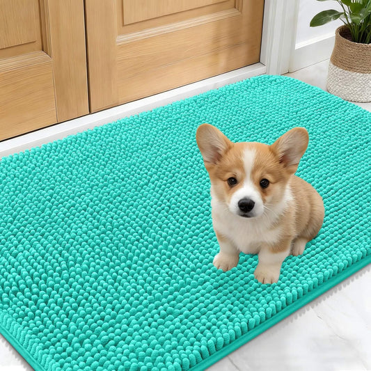 OLANLY Dog Door Mat - Absorbent Non-Slip Chenille Mat for Muddy Paws | 24x16 Inches, Teal Color
