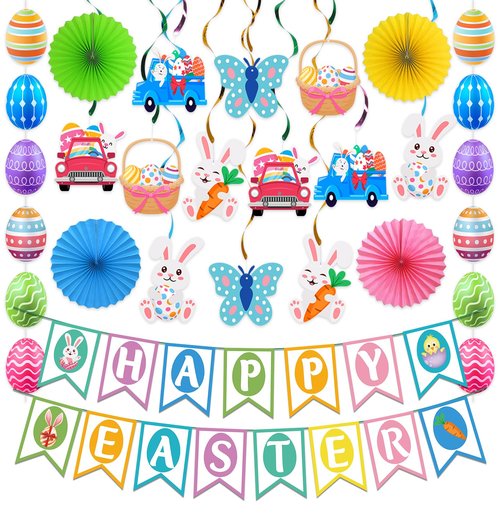 32Pcs Easter Decorations Easter Decor Happy Easter Banner Egg Bunny Garland Hanging Swirl for Home Office School Classroom Themed Party Decorations