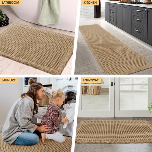 IM HOME Waffle Bath Mat Beige 32"x20", Boho Woven Modern Bath Mat Rugs, Absorbent Non Slip Bathroom Rugs, Soft Washable Bath Rugs with Tassels for Bathroom, Bedroom, Kitchen, Shower, Tub